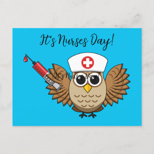 Cute Nurse Owl with Syringe Cartoon   Add Text Holiday Postcard