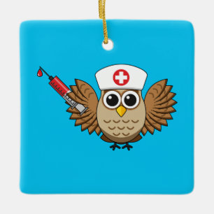 Cute Nurse Owl with Syringe Cartoon Ceramic Ornament
