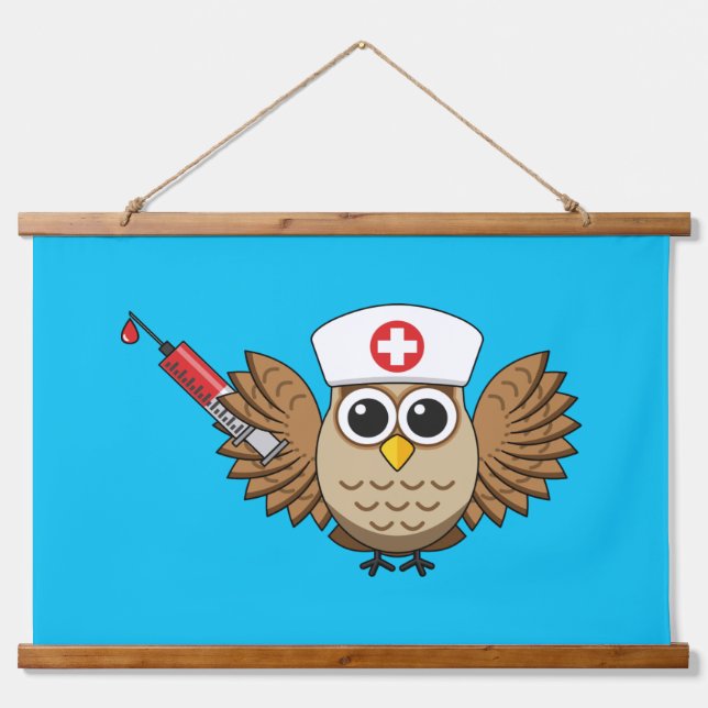 Cute Nurse Owl with Syringe Cartoon Hanging Tapestry (Front)