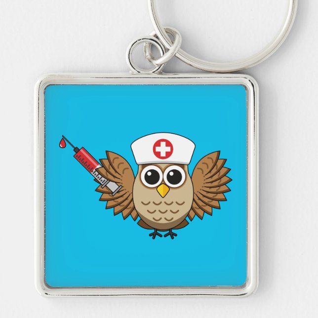 Cute Nurse Owl with Syringe Cartoon Key Ring (Front)