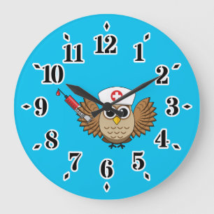 Cute Nurse Owl with Syringe Cartoon Large Clock