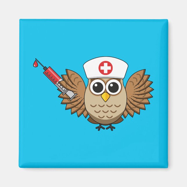 Cute Nurse Owl with Syringe Cartoon Magnet (Front)