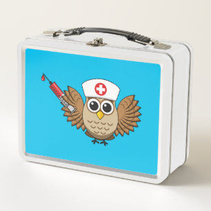 Cute Nurse Owl with Syringe Cartoon Metal Lunch Box