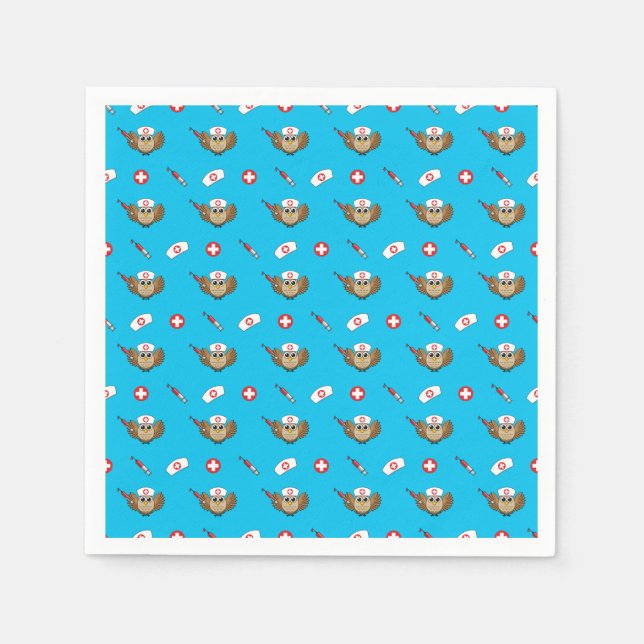 Cute Nurse Owl with Syringe Cartoon Napkin (Front)