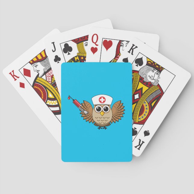 Cute Nurse Owl with Syringe Cartoon Playing Cards (Back)