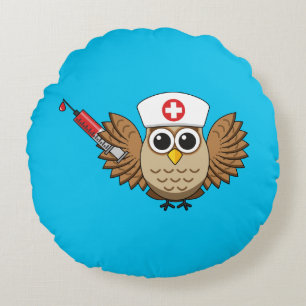 Cute Nurse Owl with Syringe Cartoon Round Cushion