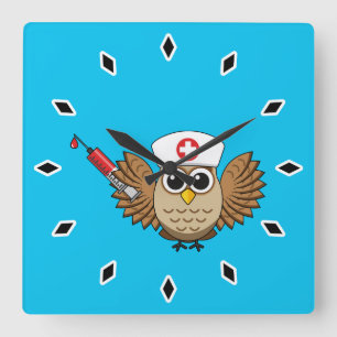 Cute Nurse Owl with Syringe Cartoon Square Wall Clock