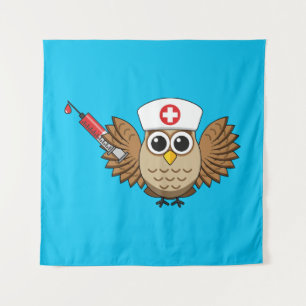 Cute Nurse Owl with Syringe Cartoon Tapestry
