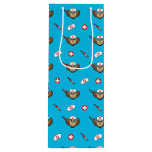 Cute Nurse Owl with Syringe Cartoon Wine Gift Bag
