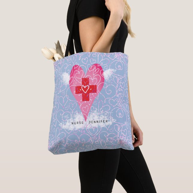 Cute Nurse Pink Red Heart with Wings Personalised Tote Bag (Close Up)