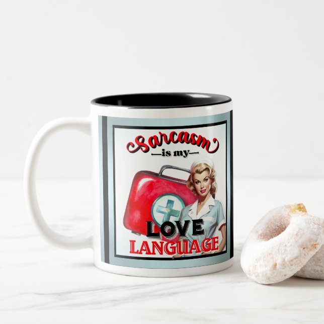 Cute Nurse Pinup_ Love Language Two-Tone Coffee Mug (With Donut)