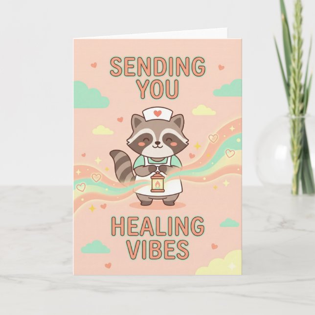 Cute Nurse Raccoon Sending You Healing Vibes Get Card (Front)