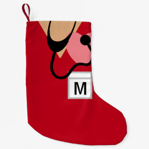 Cute Nurse Stethoscope Red Scrub Top Monogram Small Christmas Stocking