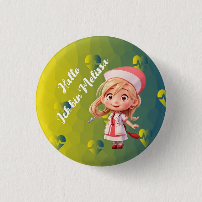 Cute Nurse with Japanese Greeting Badge Button (Front)