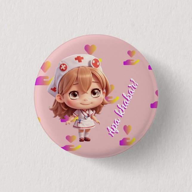 Cute Nurse with Malay Greeting Badge Button (Front)