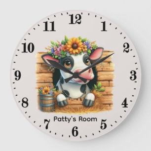 Cute nursery add name baby cow large clock