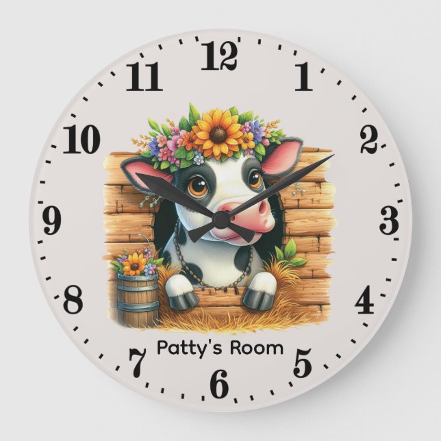 Cute nursery add name baby cow  large clock (Front)