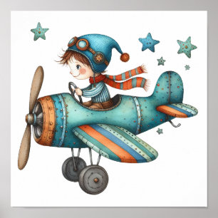 Cute Nursery Art Child Flying Old Aeroplane Poster