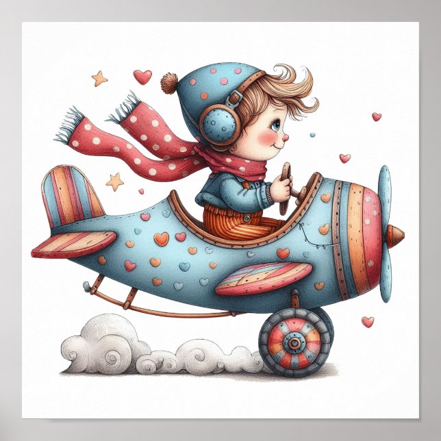 Cute Nursery Art Poster Child Flying Old Aeroplane (Front)