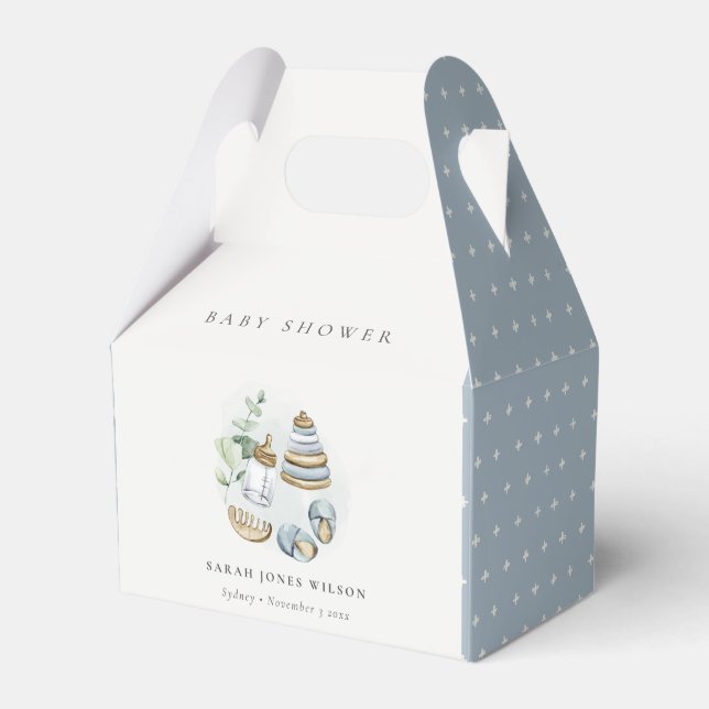 Cute Nursery Essential Leafy Blue Boy Baby Shower Favour Box (Front Side)