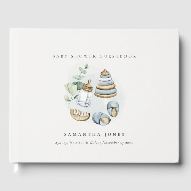 Cute Nursery Essential Leafy Blue Boy Baby Shower Guest Book (Front)