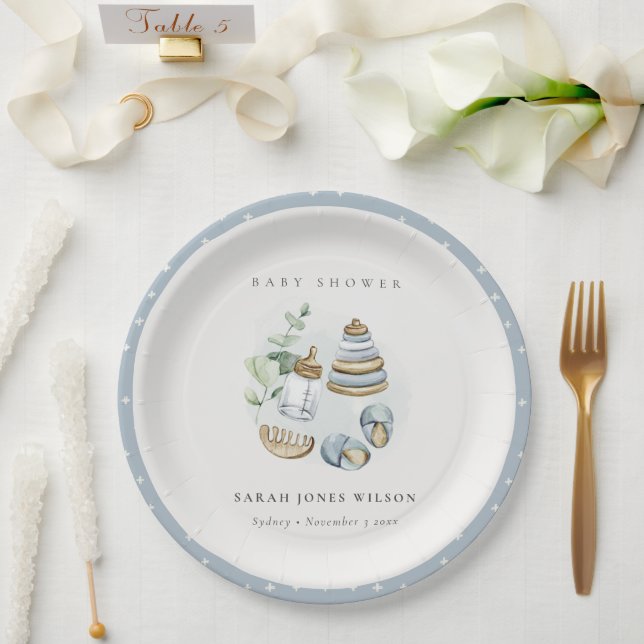 Cute Nursery Essential Leafy Blue Boy Baby Shower Paper Plate (Wedding)
