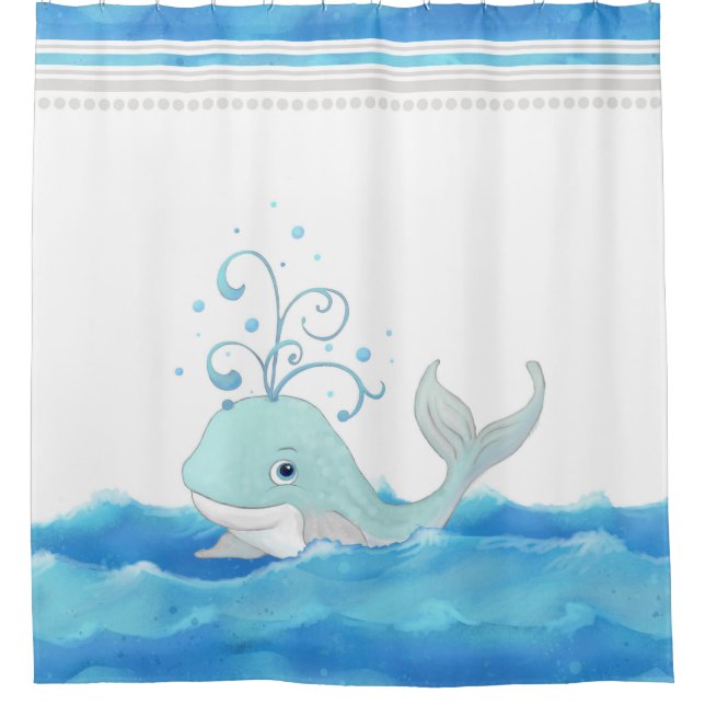 Cute Nursery Little Boy Whale Polka Dot Waves Shower Curtain (Front)