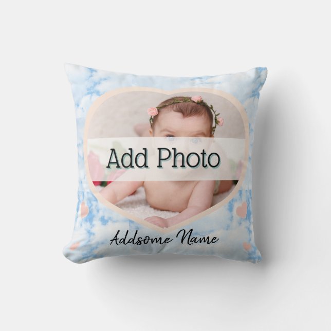Cute Nursery Pink Heart Baby Photo name blue sky Cushion (Front)