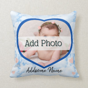 Cute Nursery Pink Heart Baby Photo name blue sky Cushion