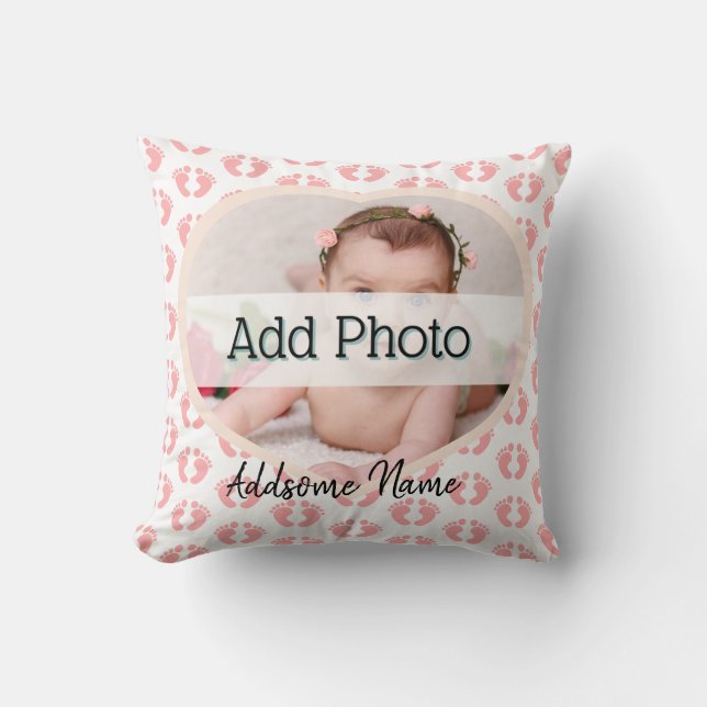 Cute Nursery Pink Heart Baby Photo pink foot print Cushion (Front)