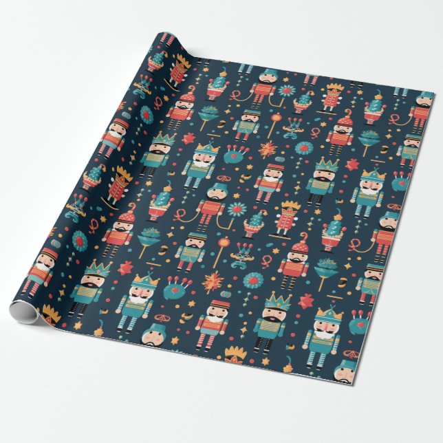Cute Nutcracker Cartoon Christmas Wrapping Paper (Unrolled)