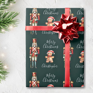 Cute Nutcracker Dark Green Personalised Christmas Wrapping Paper