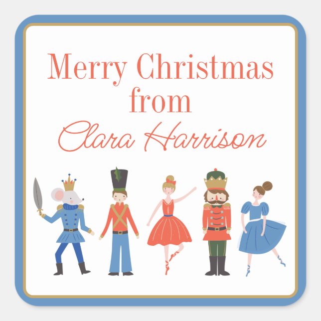Cute Nutcracker Personalised Christmas Square Sticker (Front)