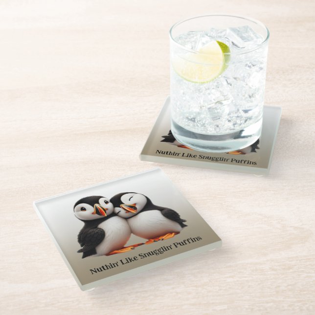Cute Nuthin' Like Snugglin' Puffins Glass Coaster (Angled)