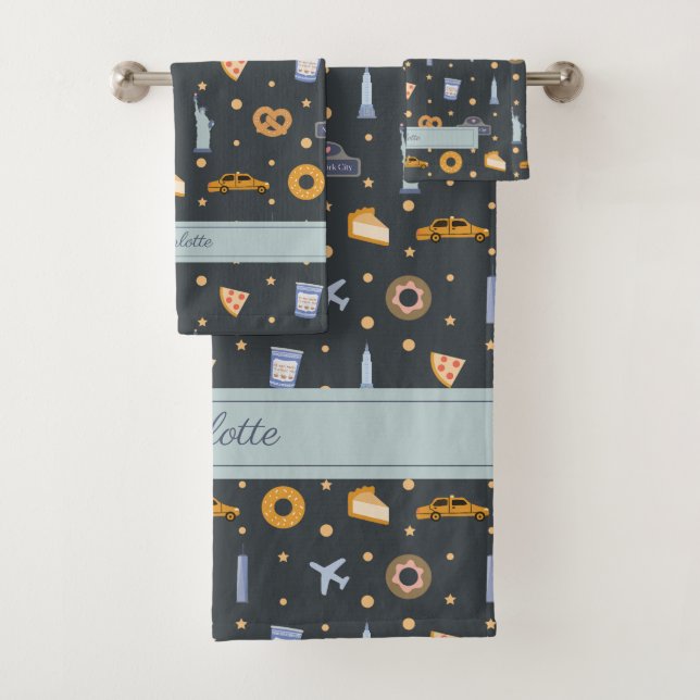 Cute NYC pattern dark grey custom Name  Bath Towel Set (Insitu)