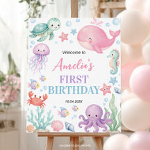 Cute Ocean Animal Birthday Party Welcome Sign