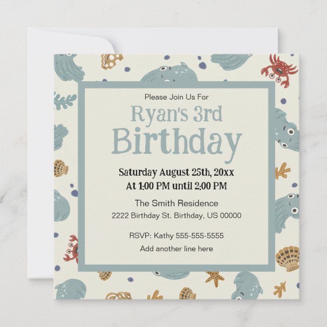 Cute Ocean Animals Baby/Toddler Custom Birthday Invitation (Front)