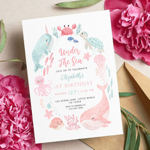 Cute Ocean Animals Girl's 1st Birthday  Invitation