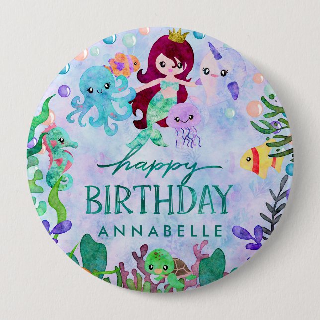Cute Ocean Animals Mermaid Theme Happy Birthday 10 Cm Round Badge (Front)
