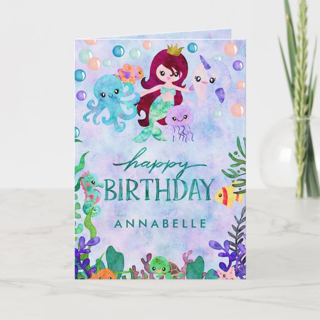Cute Ocean Animals Mermaid Theme Happy Birthday Card (Front)