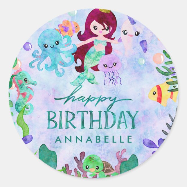 Cute Ocean Animals Mermaid Theme Happy Birthday Classic Round Sticker (Front)