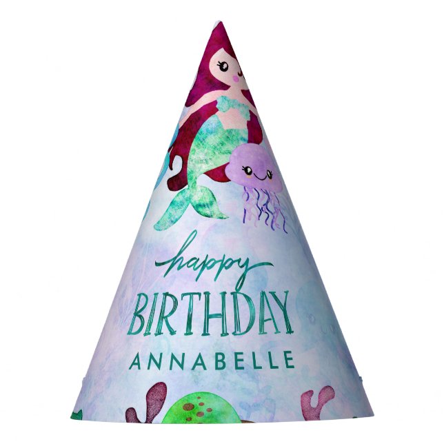 Cute Ocean Animals Mermaid Theme Happy Birthday Party Hat (Front)