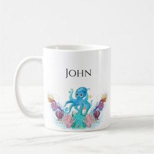 Cute Ocean baby Octopus & colourful seashells Name Coffee Mug