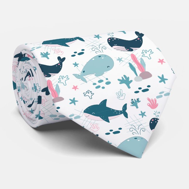 Cute Ocean Creatures Sea Life Neck Tie (Rolled)