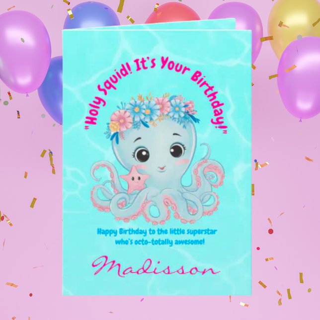Cute Ocean Floral Octopus Girly Kids Birthday Card (Creator Uploaded)