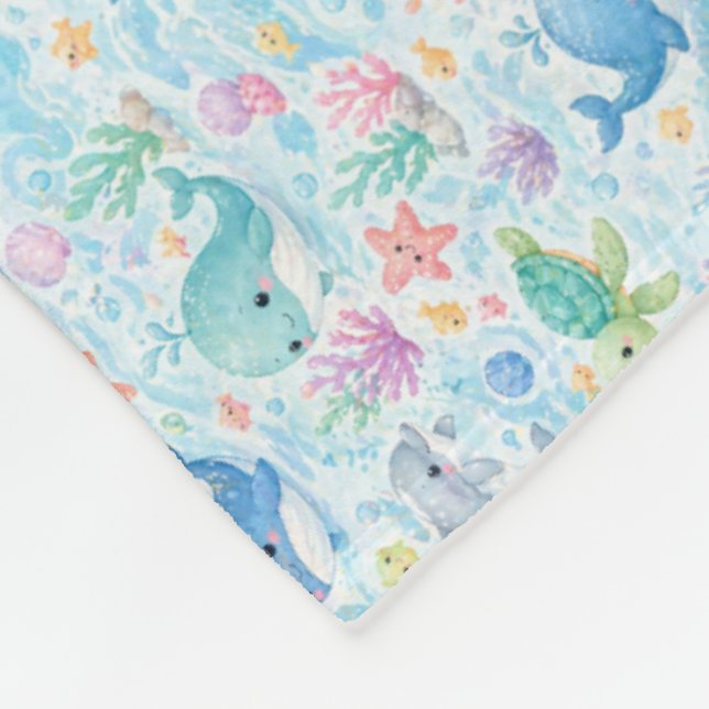 Cute Ocean Friends Watercolor Pattern Fleece Blanket (Corner)
