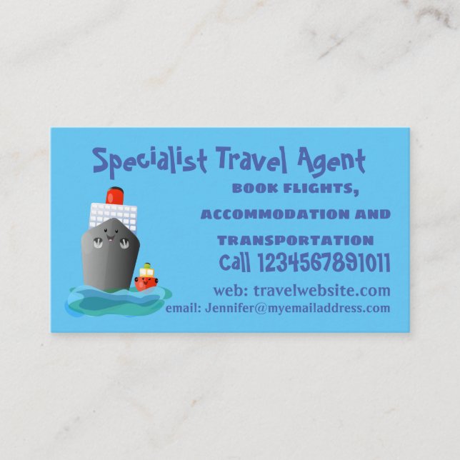 Cute ocean liner ship tug cartoon illustration business card (Front)