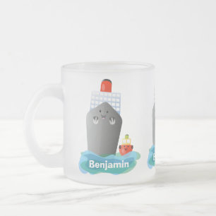 Cute ocean liner ship tug cartoon illustration frosted glass coffee mug