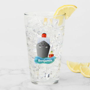 Cute ocean liner ship tug cartoon illustration glass
