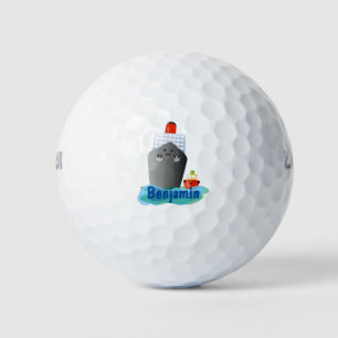 Cute ocean liner ship tug cartoon illustration golf balls